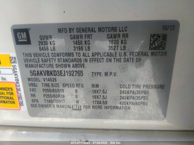 2014 BUICK ENCLAVE LEATHER VIN: 5GAKVBKD3EJ192765
