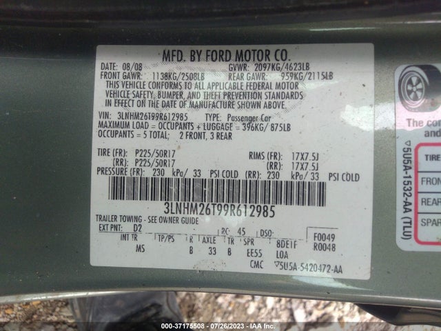 2009 LINCOLN MKZ VIN: 3LNHM26T99R612985