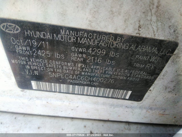 2012 HYUNDAI SONATA 2.4L LIMITED PZEV W VIN: 5NPEC4AC6CH400276
