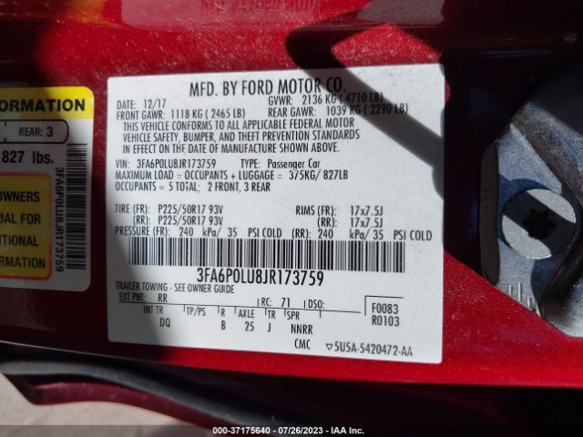 3FA6P0LU8JR173759 Ford Fusion Hybrid Se