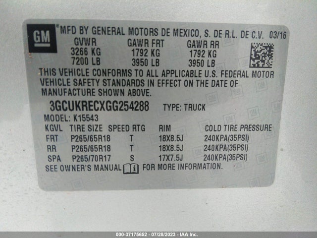 2016 CHEVROLET SILVERADO 1500 LT VIN: 3GCUKRECXGG254288