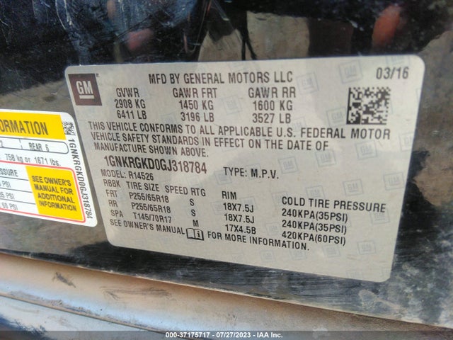 Chevrolet Traverse Lt 2016 1GNKRGKD0GJ318784 Image 9