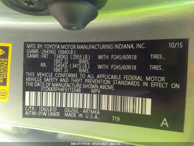 Toyota Highlander Xle V6 2015 5TDKKRFH4FS115548 Image 9