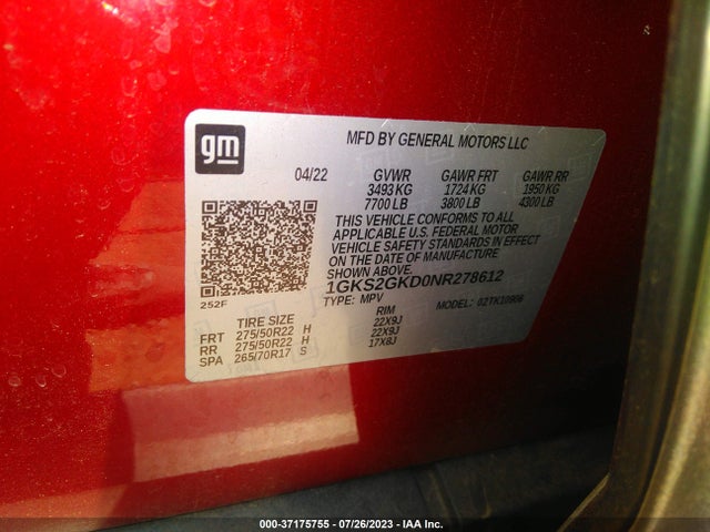 GMC Yukon Xl Slt 2022 1GKS2GKD0NR278612 Image 9
