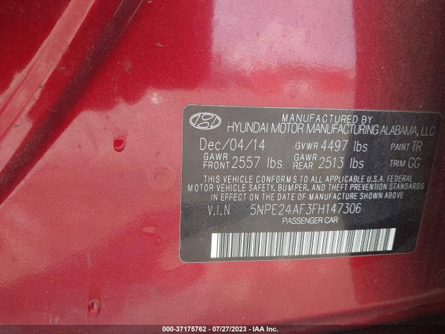2015 HYUNDAI SONATA SE VIN: 5NPE24AF3FH147306