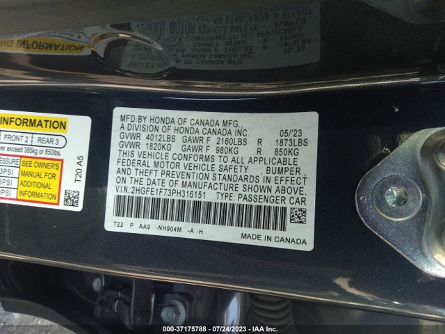 Honda Civic Sedan Ex 2023 2HGFE1F73PH316151 Image 9
