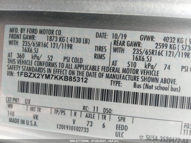 1FBZX2YM7KKB85312 Ford Transit-350 Xl