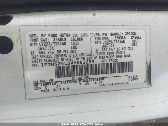 1997 FORD ECONOLINE CARGO VAN VIN: 1FTHS24L5VHA51239