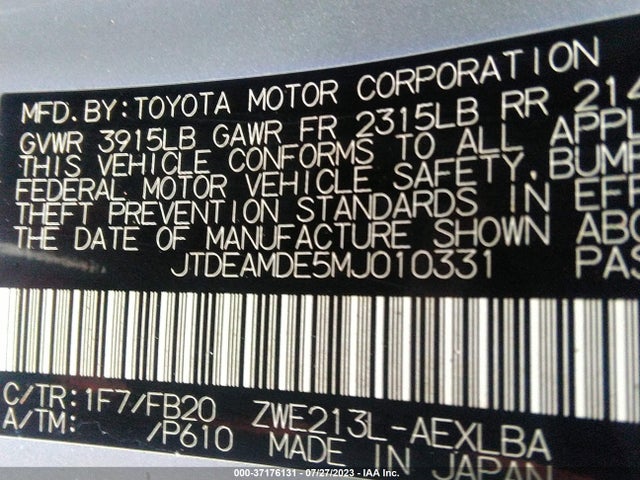 2021 TOYOTA COROLLA HYBRID LE VIN: JTDEAMDE5MJ010331