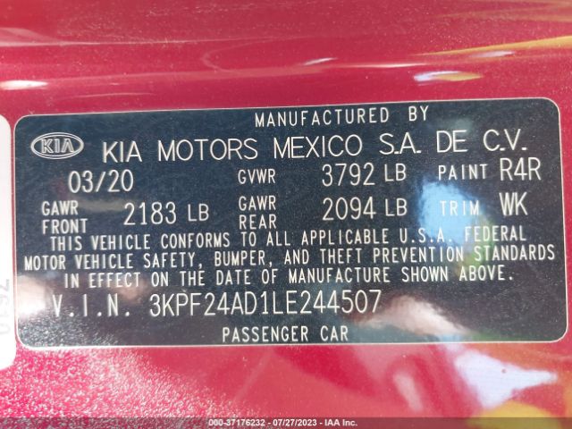 3KPF24AD1LE244507 KIA Forte Lxs