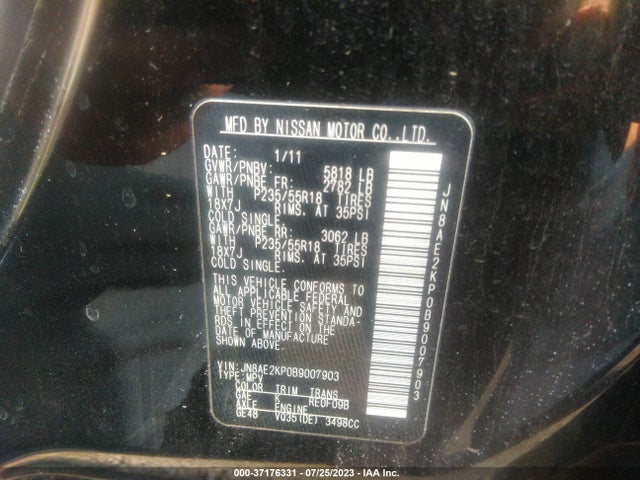 2011 NISSAN QUEST SL VIN: JN8AE2KP0B9007903