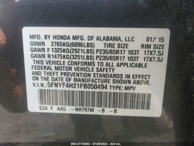 5FNYF4H21FB050494 Honda PILOT LX