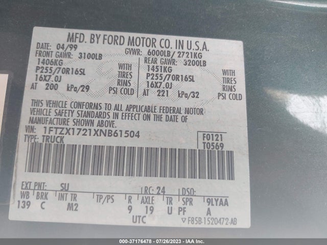 1999 FORD F-150 VIN: 1FTZX1721XNB61504