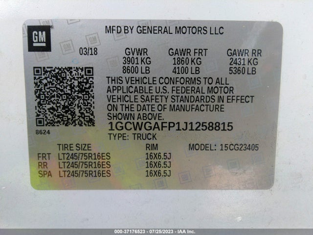 2018 CHEVROLET EXPRESS CARGO VAN VIN: 1GCWGAFP1J1258815
