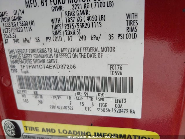 2014 FORD F-150 XL/XLT/FX2/LARIAT VIN: 1FTFW1CT4EKD37206