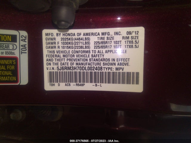 2013 HONDA CR-V EX-L VIN: 5J6RM3H70DL002408
