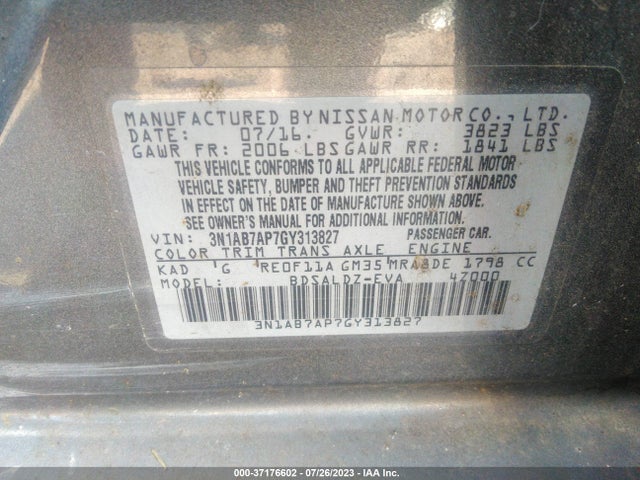 2016 NISSAN SENTRA SV VIN: 3N1AB7AP7GY313827