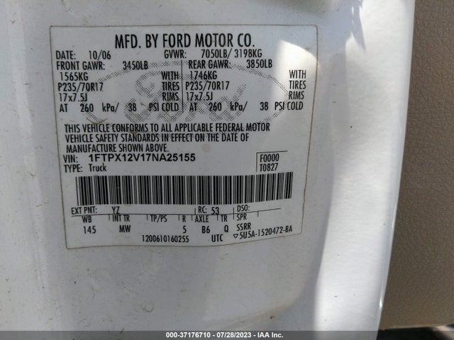 2007 FORD F-150 XL/STX/XLT/LARIAT/FX2 VIN: 1FTPX12V17NA25155