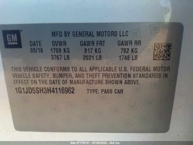 Chevrolet SONIC LT 2017 1G1JD5SH3H4116962 Image 9