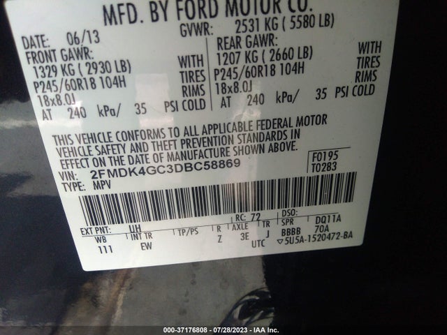2013 FORD EDGE SE VIN: 2FMDK4GC3DBC58869