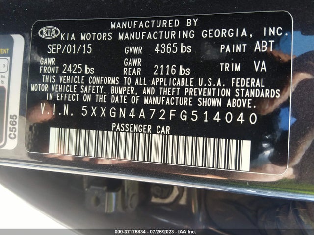 2015 Kia Optima Ex მანქანა იყიდება აუქციონზე, vin: 5XXGN4A72FG514040, აუქციონის ნომერი: 37176834