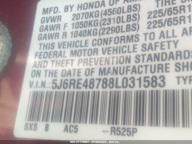 2008 HONDA CR-V EX-L VIN: 5J6RE48788L031583