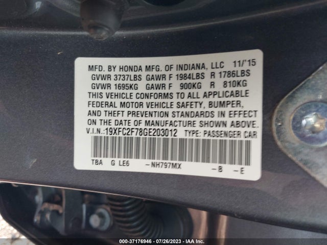 2016 HONDA CIVIC SEDAN EX VIN: 19XFC2F78GE203012