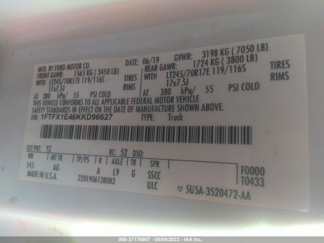 1FTFX1E46KKD96627 Ford F-150 Xl/xlt/lariat