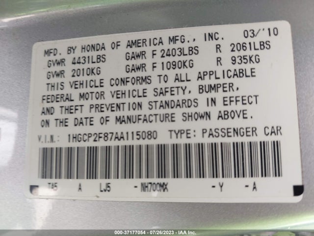 2010 HONDA ACCORD SDN EX-L VIN: 1HGCP2F87AA115080
