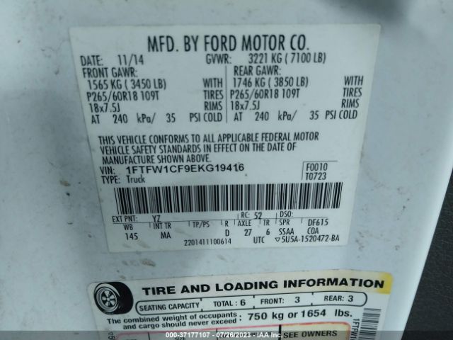 1FTFW1CF9EKG19416 Ford F-150 Xl/stx/xlt/fx2/lariat
