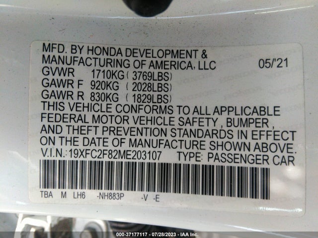 2021 HONDA CIVIC SEDAN SPORT VIN: 19XFC2F82ME203107