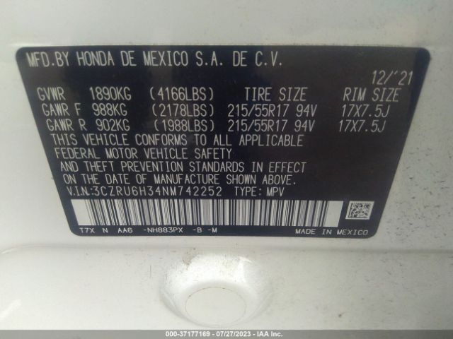 3CZRU6H34NM742252 Honda HR-V LX
