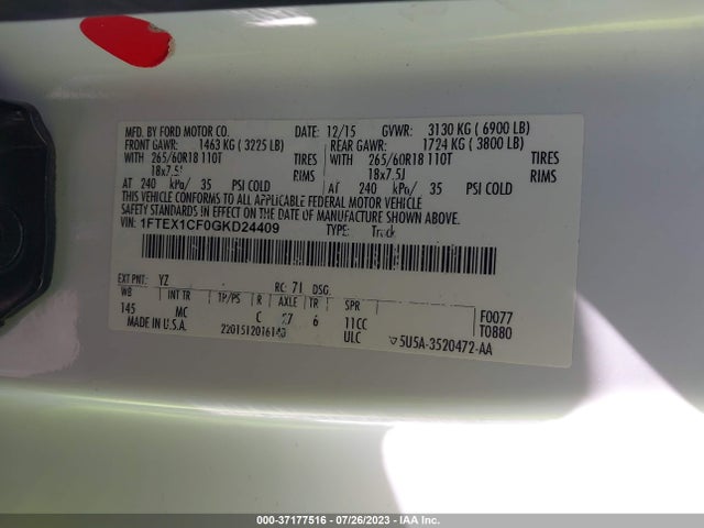 Ford F-150 Xl/lariat/xlt 2016 1FTEX1CF0GKD24409 Image 16