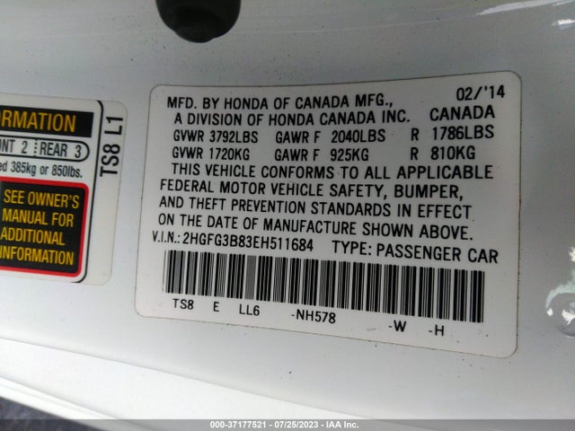 Honda Civic Coupe Ex 2014 2HGFG3B83EH511684 Image 9