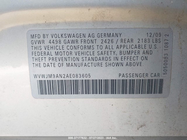 2010 VOLKSWAGEN PASSAT SEDAN KOMFORT VIN: WVWJM9AN2AE083605