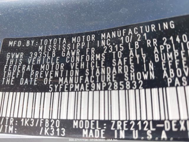 5YFEPMAE9NP285832 Toyota COROLLA LE