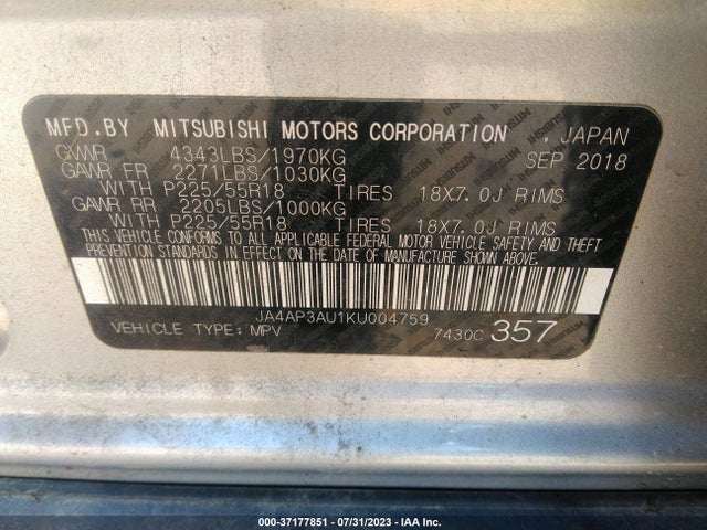 JA4AP3AU1KU004759 Mitsubishi Outlander Sport 2.0