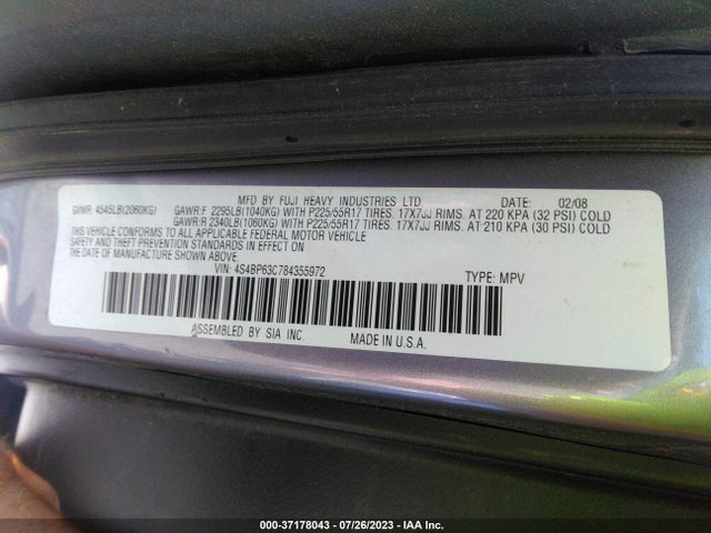 2008 SUBARU OUTBACK XT LTD VIN: 4S4BP63C784355972