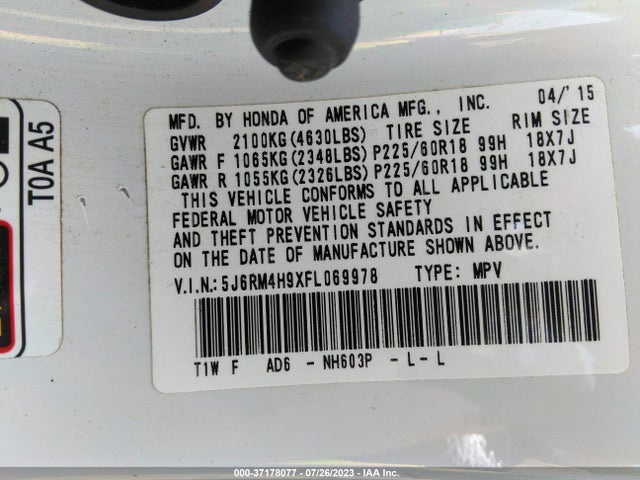 Honda Cr-v Touring 2015 5J6RM4H9XFL069978 Image 9
