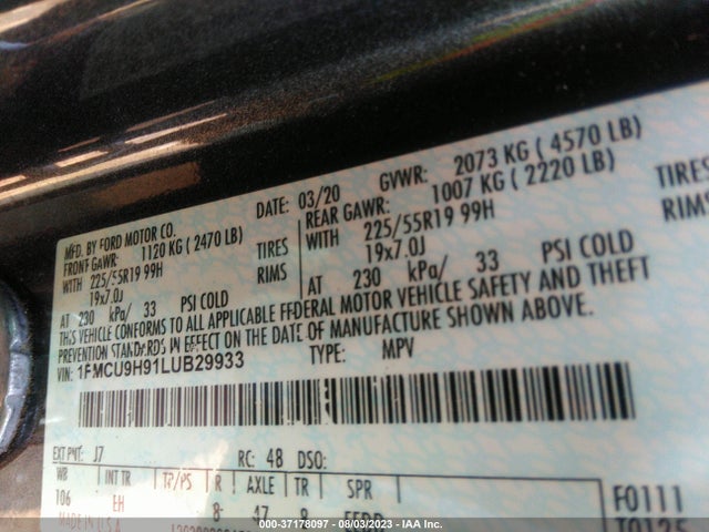 Ford ESCAPE SEL 2020 1FMCU9H91LUB29933 Image 9