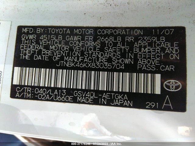 2008 TOYOTA CAMRY LE/SE/XLE VIN: JTNBK46KX83035704