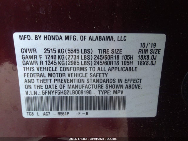 Honda Pilot Ex-l 2020 5FNYF5H52LB009190 Image 9