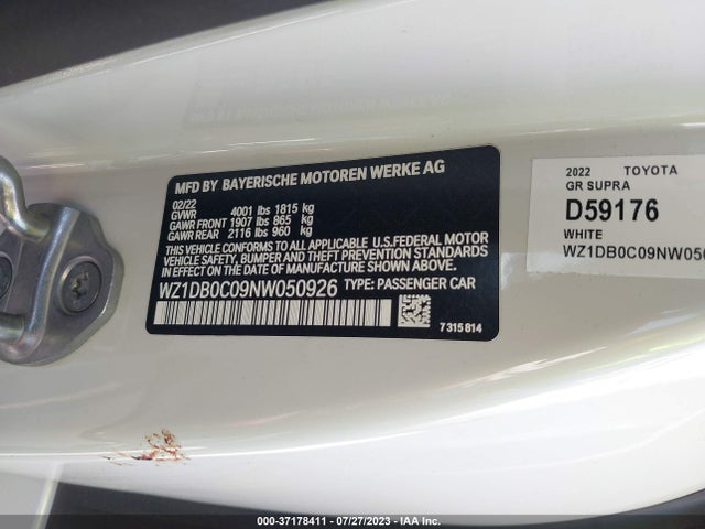 2022 Toyota Supra, VIN: WZ1DB0C09NW050926