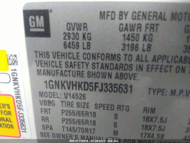 Chevrolet Traverse Lt 2015 1GNKVHKD5FJ335631 Image 9
