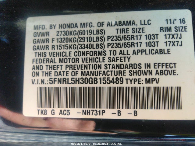 Honda ODYSSEY SE 2016 5FNRL5H30GB155489 Image 9