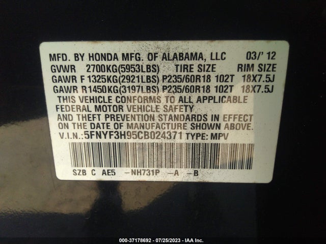 2012 HONDA PILOT TOURING VIN: 5FNYF3H95CB024371