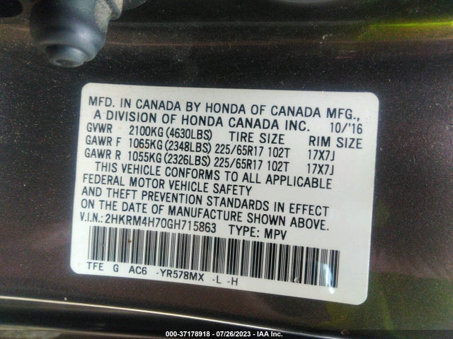 Honda Cr-v Ex-l 2016 2HKRM4H70GH715863 Image 9