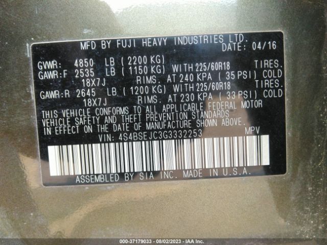 4S4BSEJC3G3332253 Subaru Outback 3.6r Limited