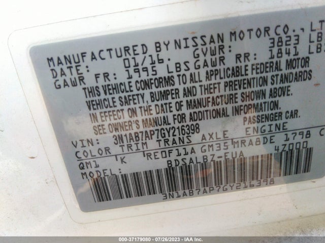 2016 NISSAN SENTRA S VIN: 3N1AB7AP7GY216398