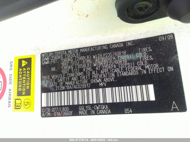 2010 LEXUS RX 350 VIN: 2T2BK1BA7AC029917